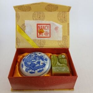 Chinese Dragon Carved Jade Name (NANCY) Stamp Seal Boxed & Red Ink Porcelain VTG